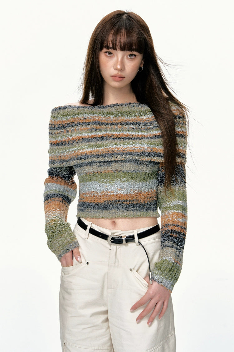 Striped Knit Off-Shoulder Multicolor Sweater