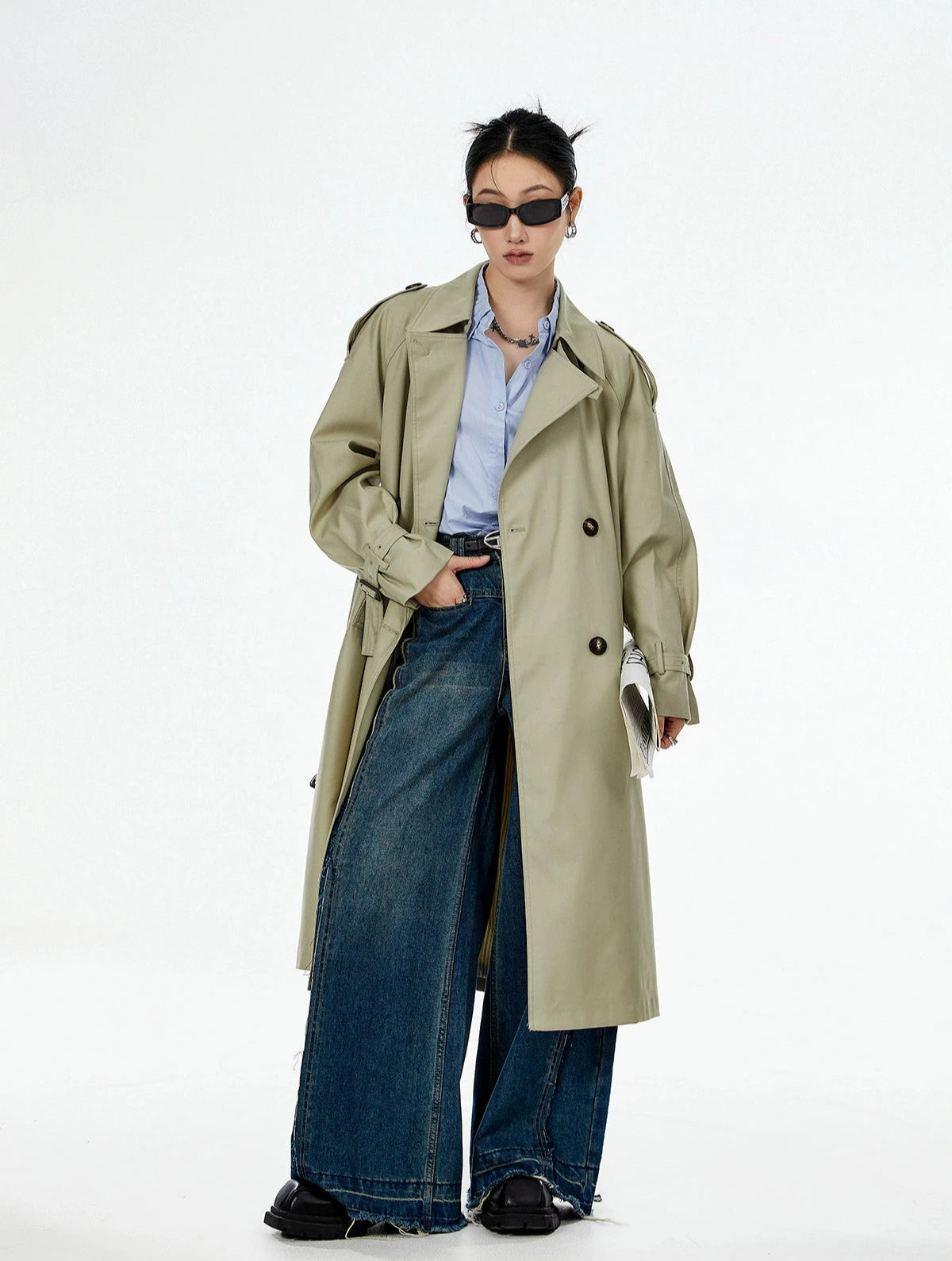 Oversized Trench Coat with Epaulettes and Belt Detail