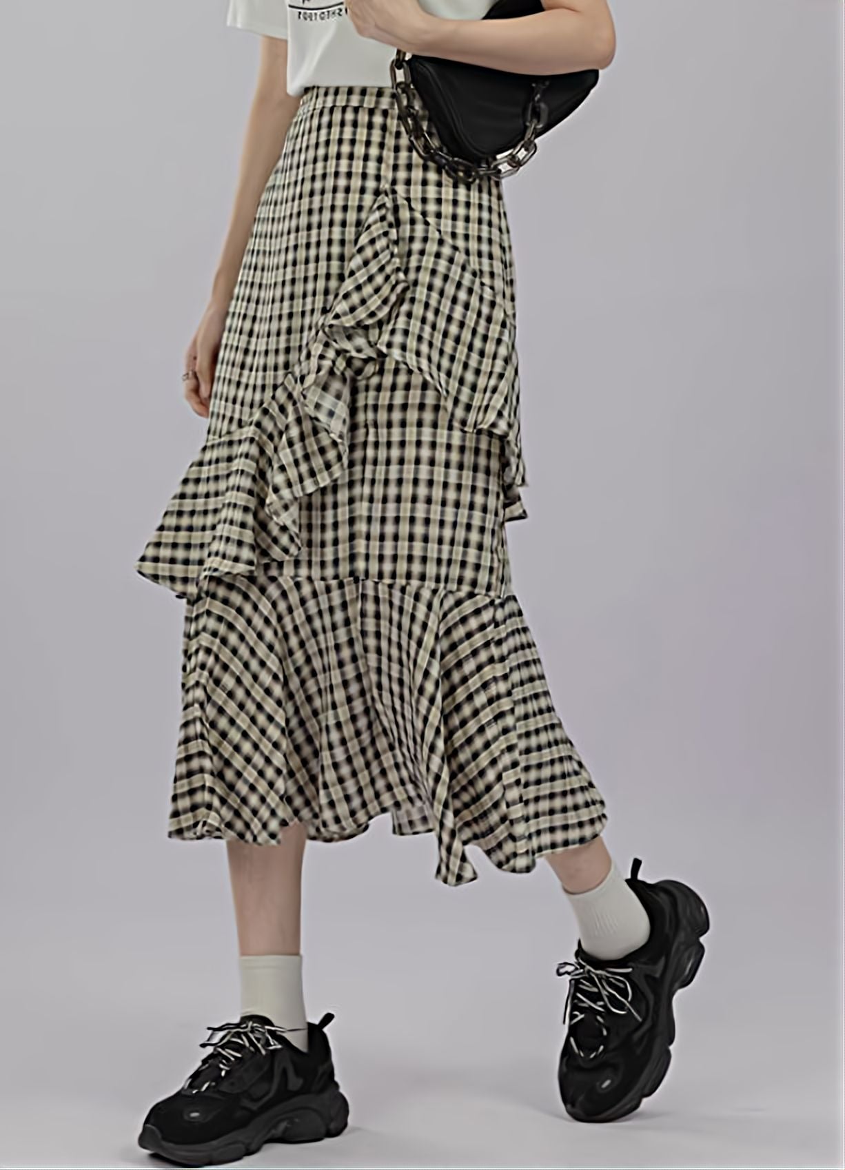 Tier Ruffle Slit Plaid Midi Skirt