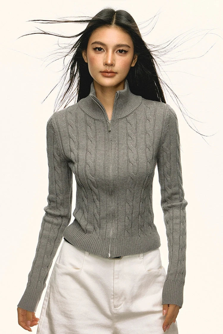 Cable Knit Slim Mock Neck Zip Jacket