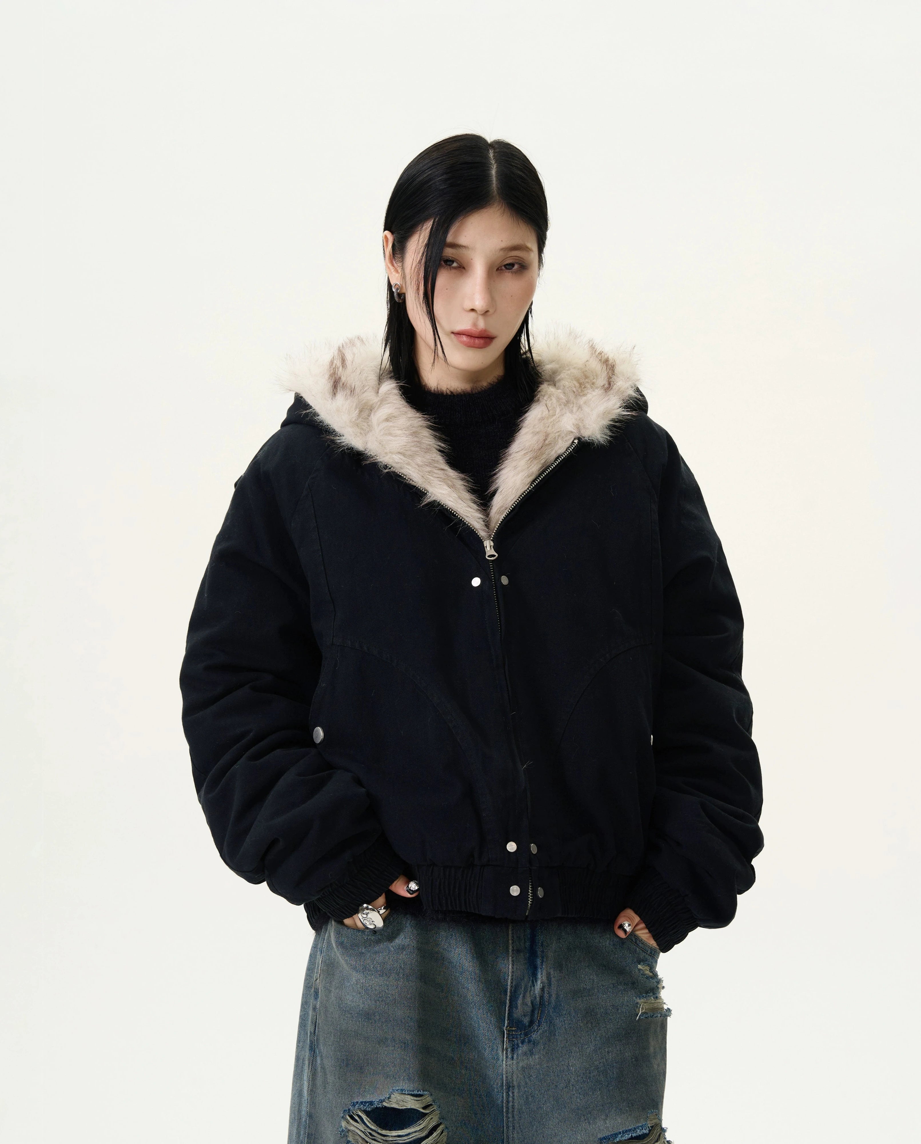 Oversized Faux Fur Lined Zip Jacket with Elastic Hem