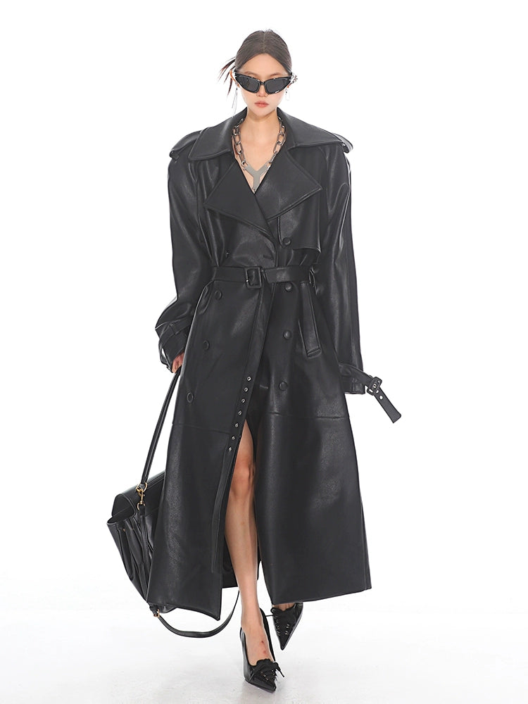 Oversized Belted Faux Leather Coat with Wide Lapels