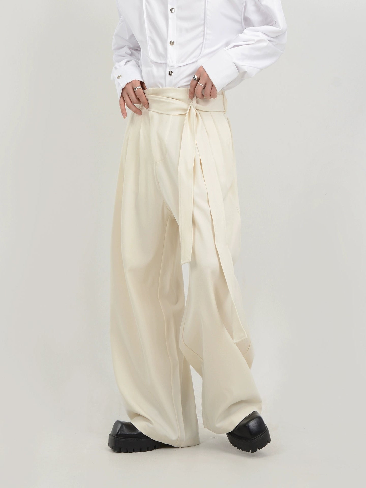 Wide Leg Belted Trousers with Pleat Detail