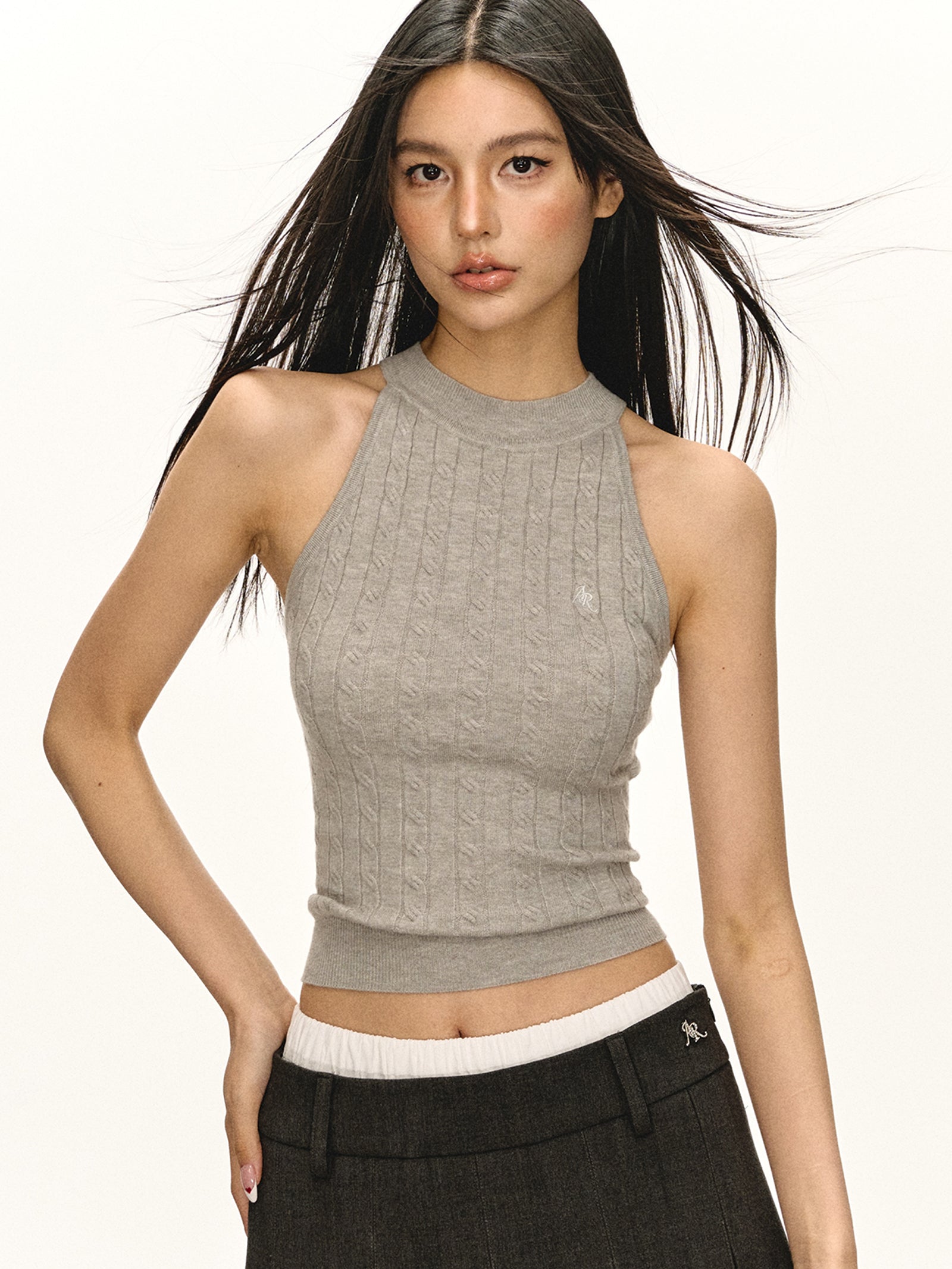 Sleeveless Cable Knit Mock-Neck Crop Top