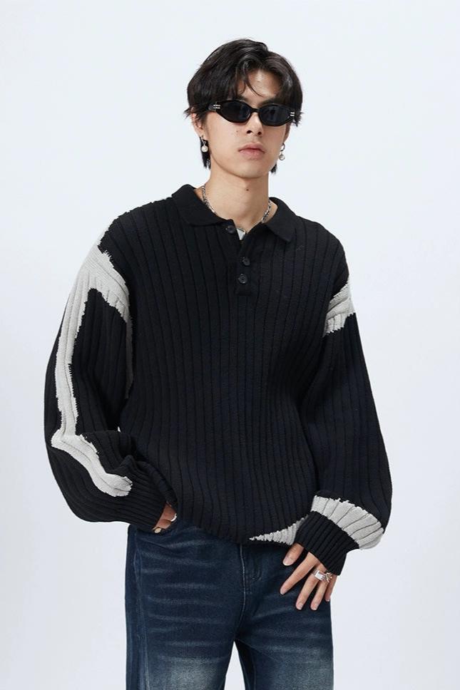 Striped Ribbed Knit Polo Sweater with Contrast Detail