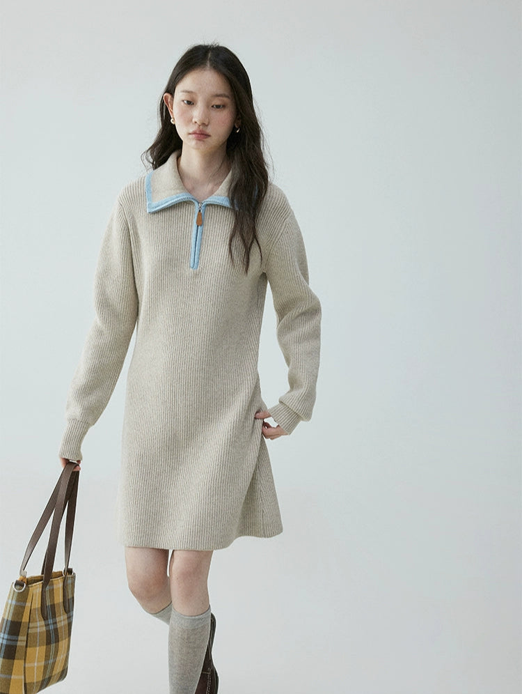 Contrast Collar Half Zip Knit Sweater Mini Dress