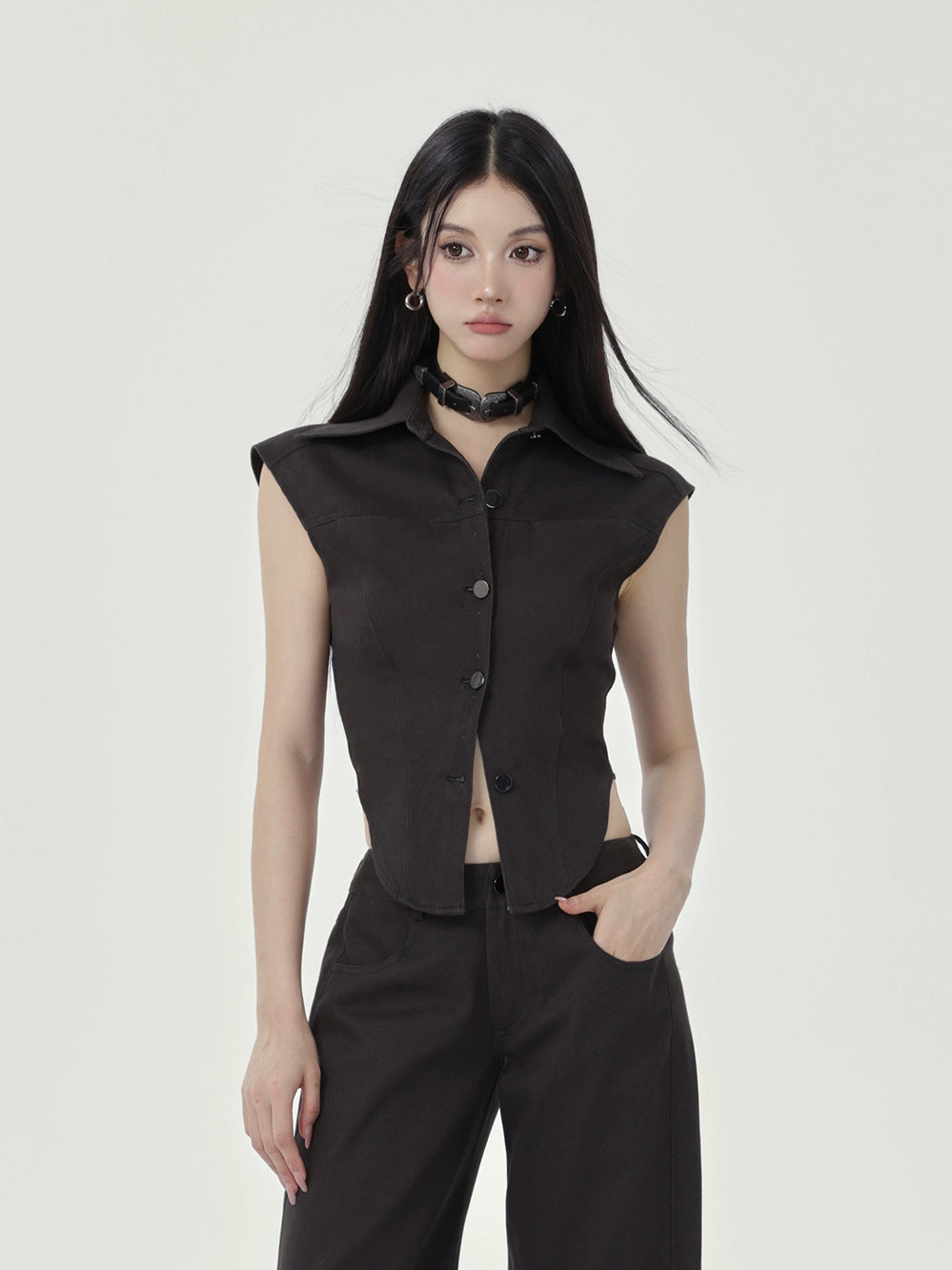 Sleeveless Collared Button-Up Waistcoat Top