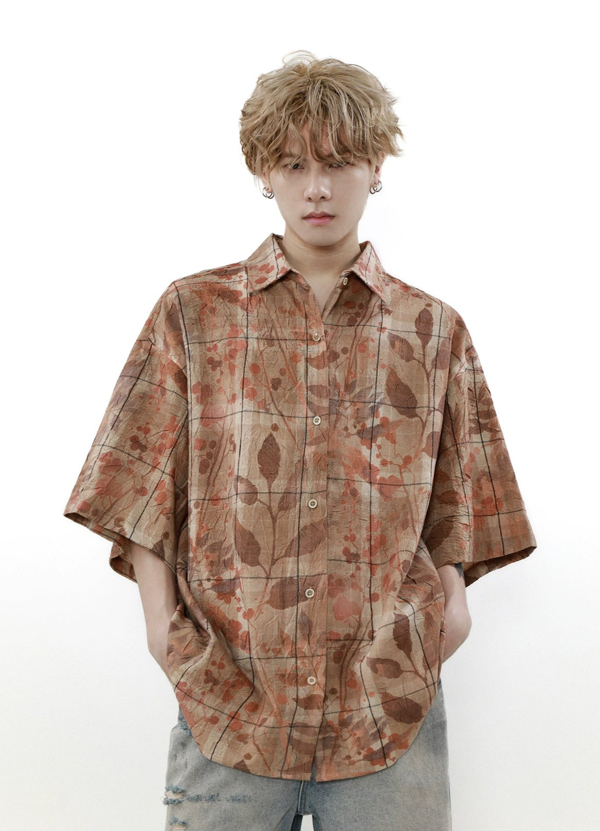 Checkered Leaf Print Oversized Short Sleeve Button Shirt