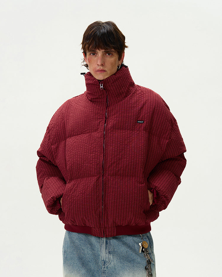 Checker Stand Collar Drop Shoulder Puffer Jacket