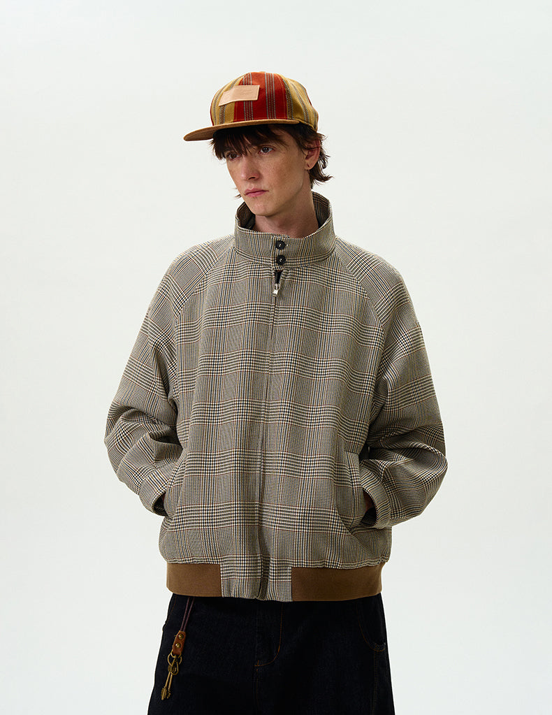 Plaid Zip Jacket with Stand Collar and Raglan Sleeves