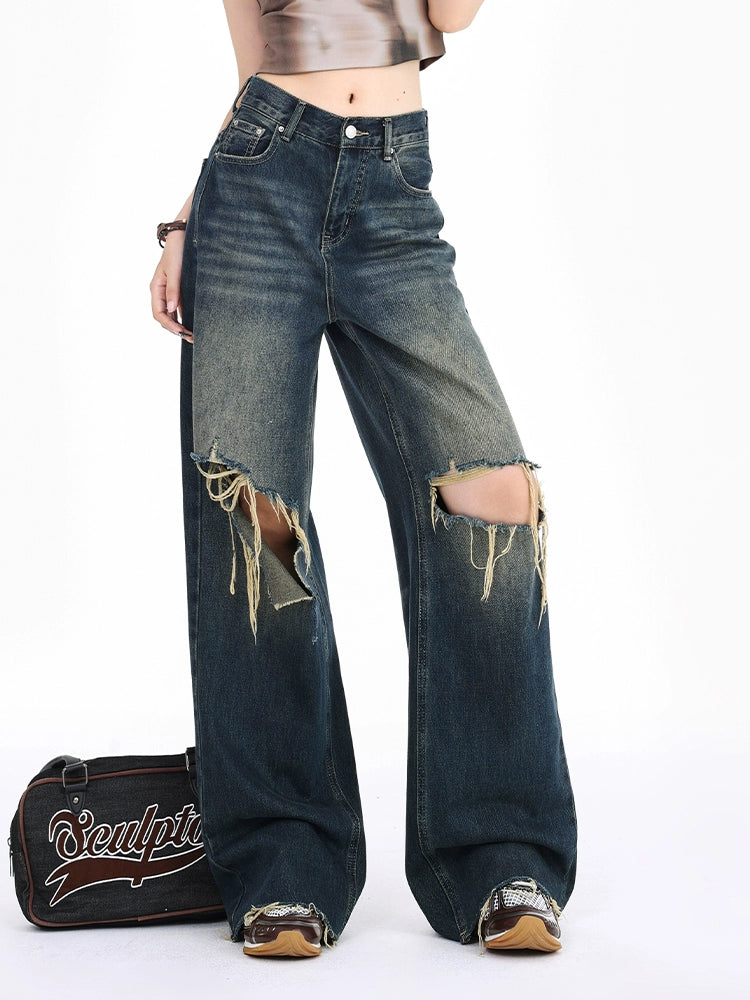 Distressed Wide-Leg Denim Jeans with Raw Hems