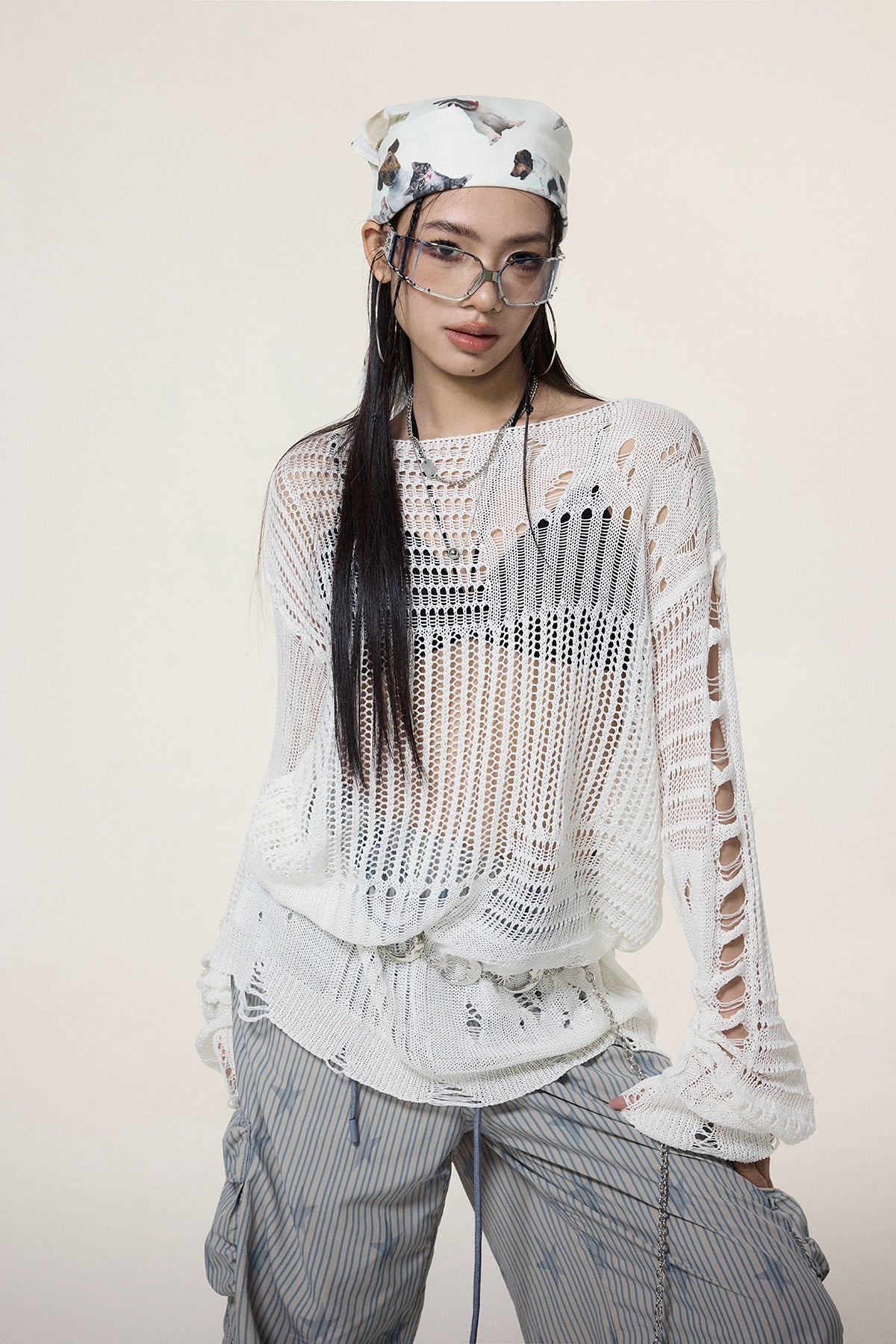 Sheer Knit Pullover with Distressed Detail