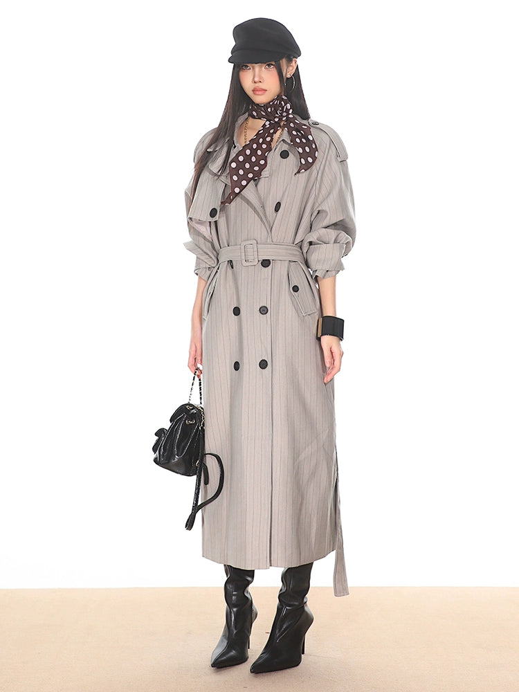 Pinstripe Double-Breasted Trench Coat with Belt Detail