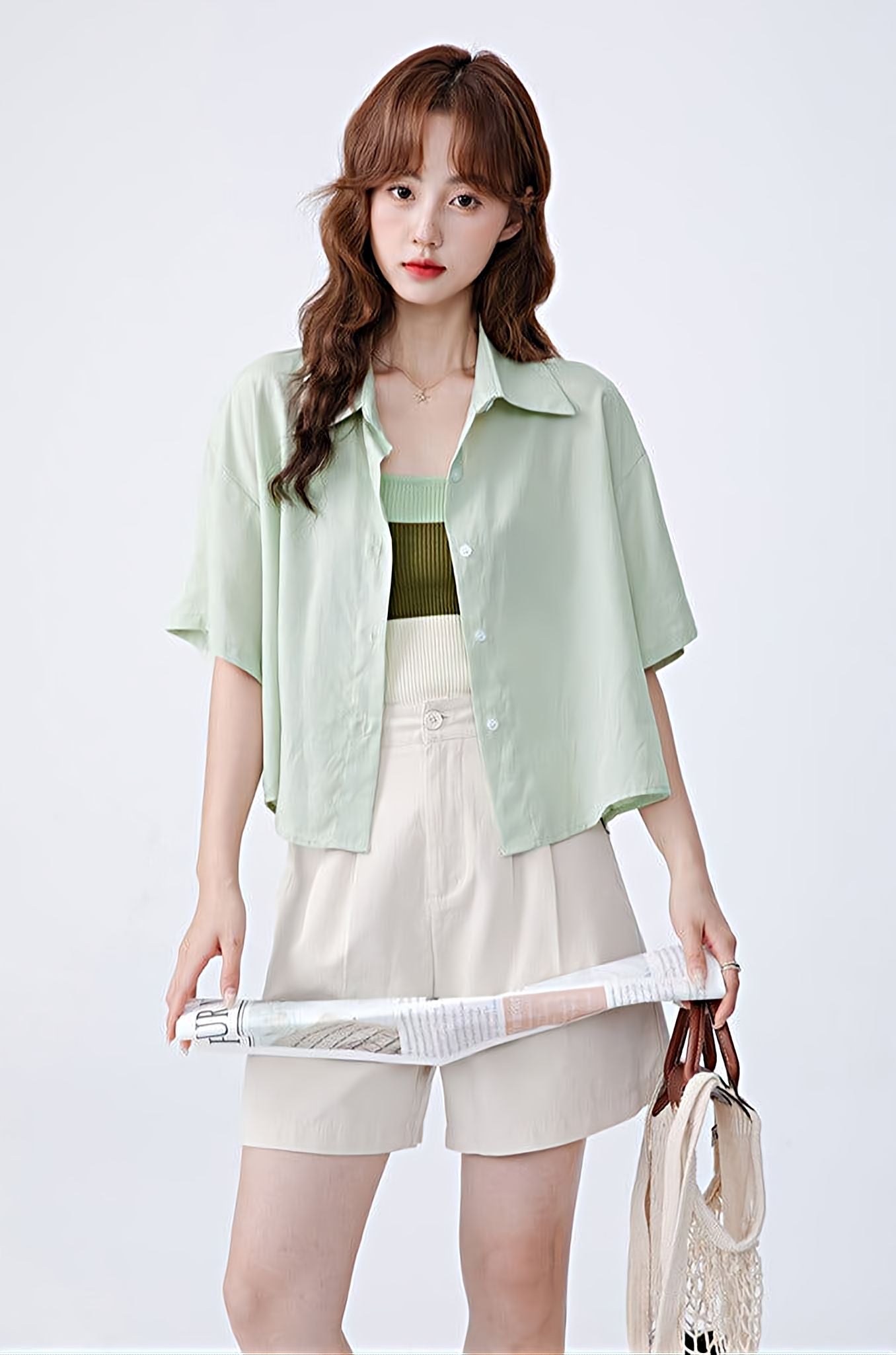 Cropped Short Sleeve Button Shirt