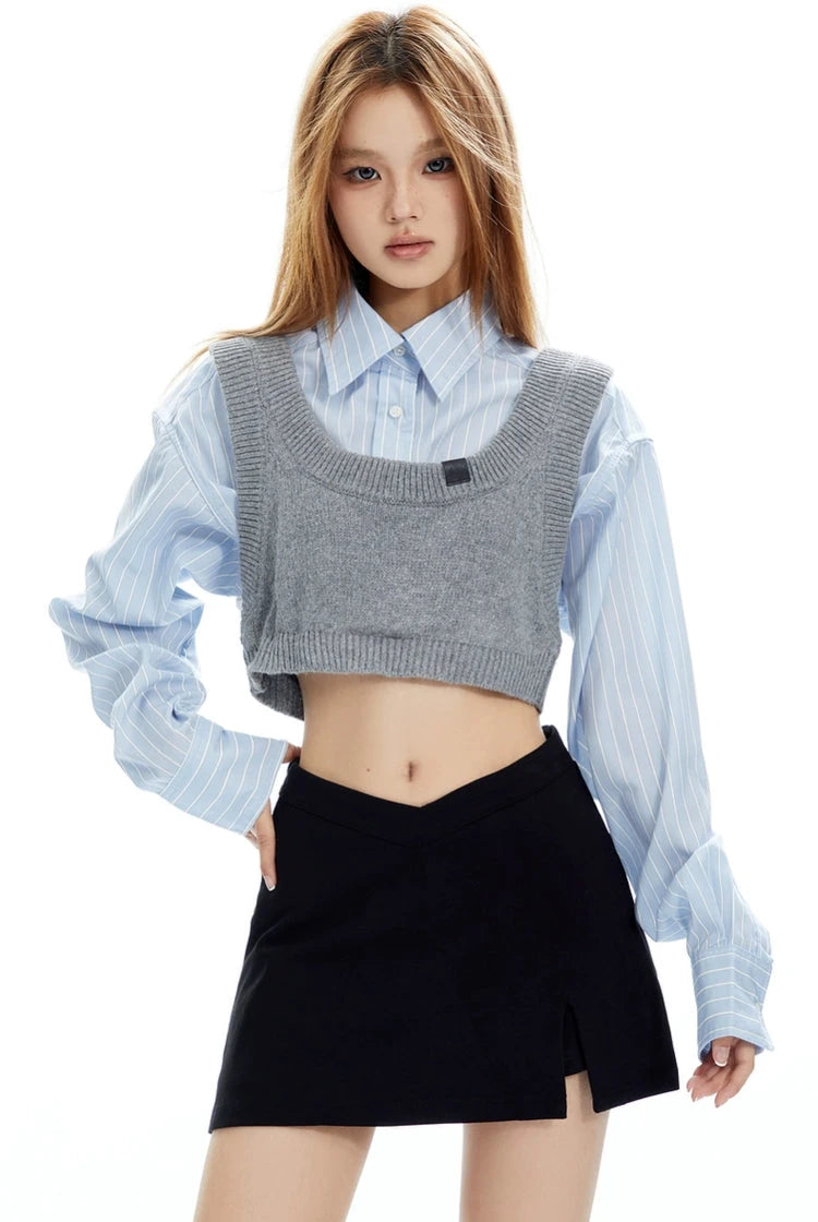 Mock Two-Piece Stripe Button Cropped Shirt-Top