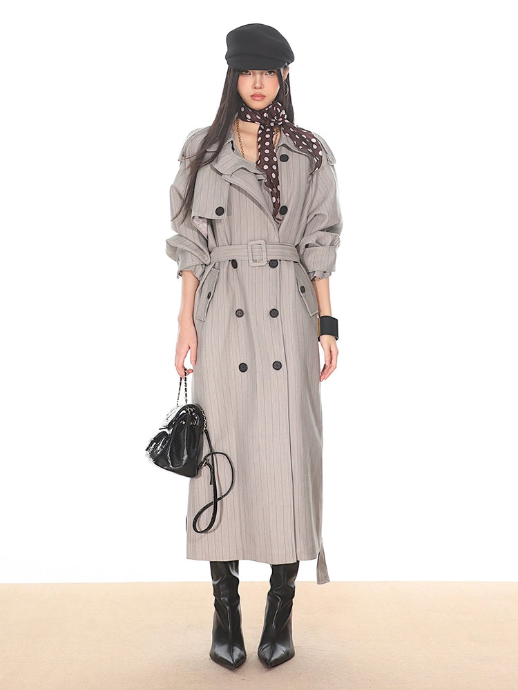 Pinstripe Double-Breasted Trench Coat with Belt Detail