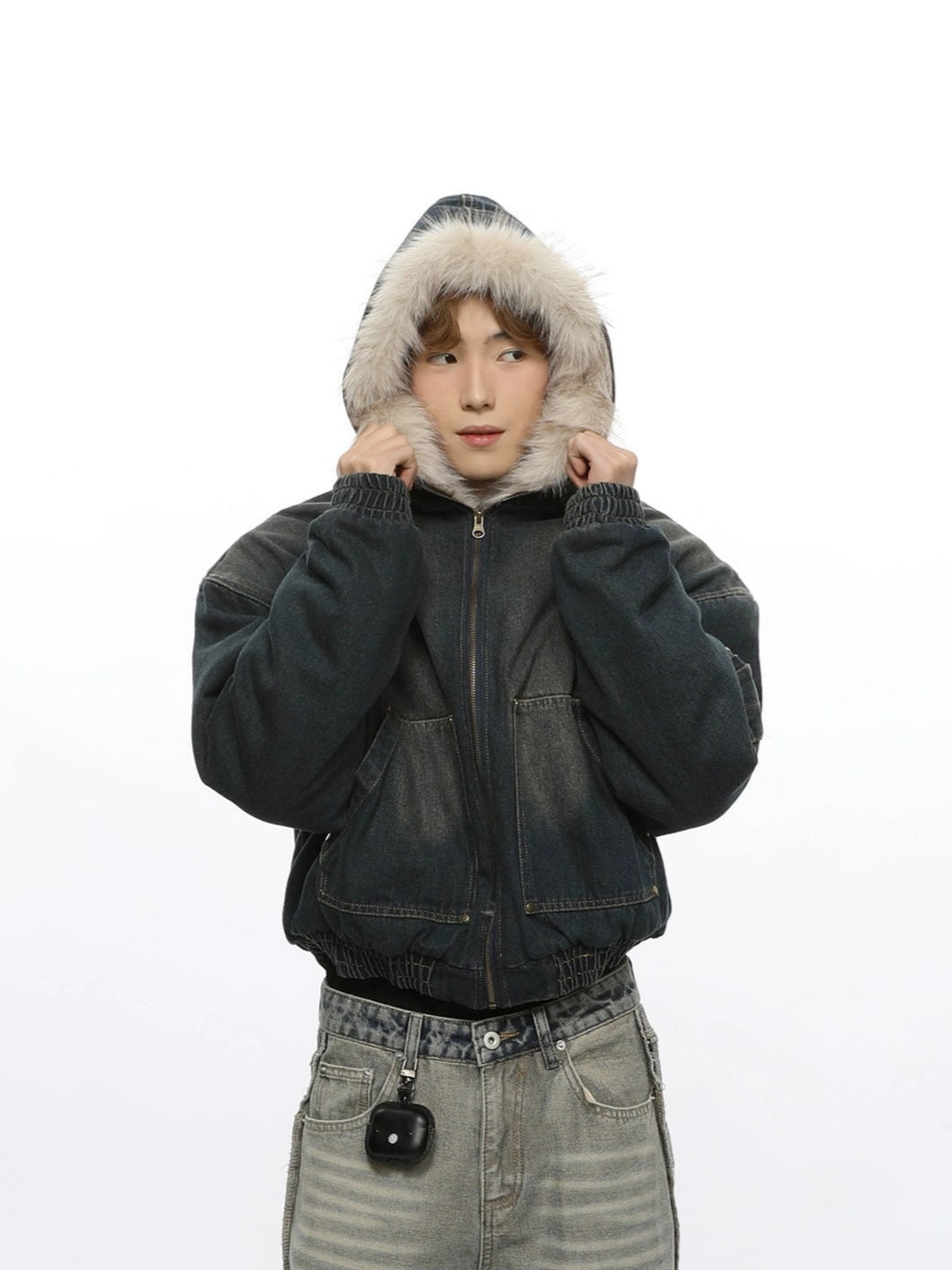 Wide-Fit Faded Denim Hooded Jacket with Faux Fur Lining