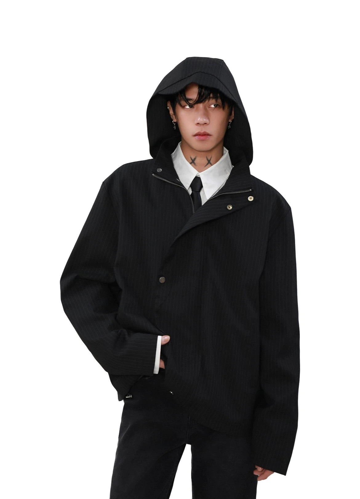 Pinstripe Hooded Zip Jacket with Snap Button Closure