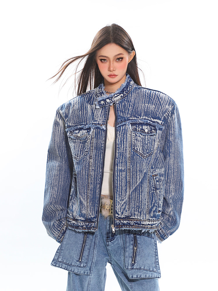 Distressed Trim Stripe-Washed Boxy Denim Jacket