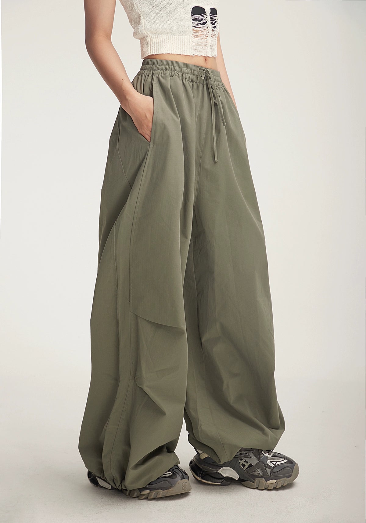 Drawstring Wide-Leg Parachute Jogger Pants