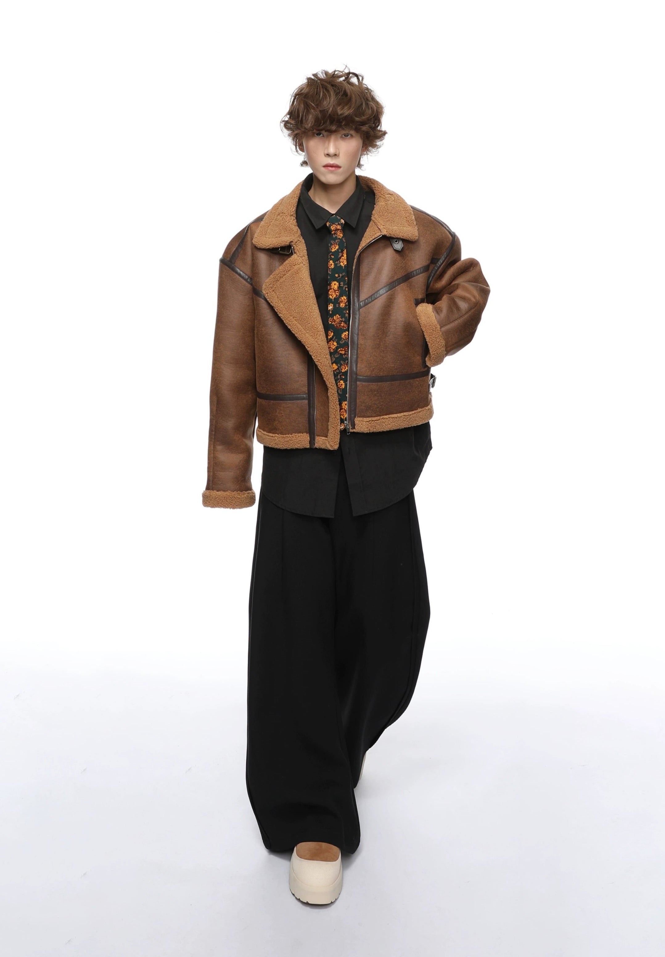 Mid-Crop Shearling Lined Faux Leather Aviator Jacket