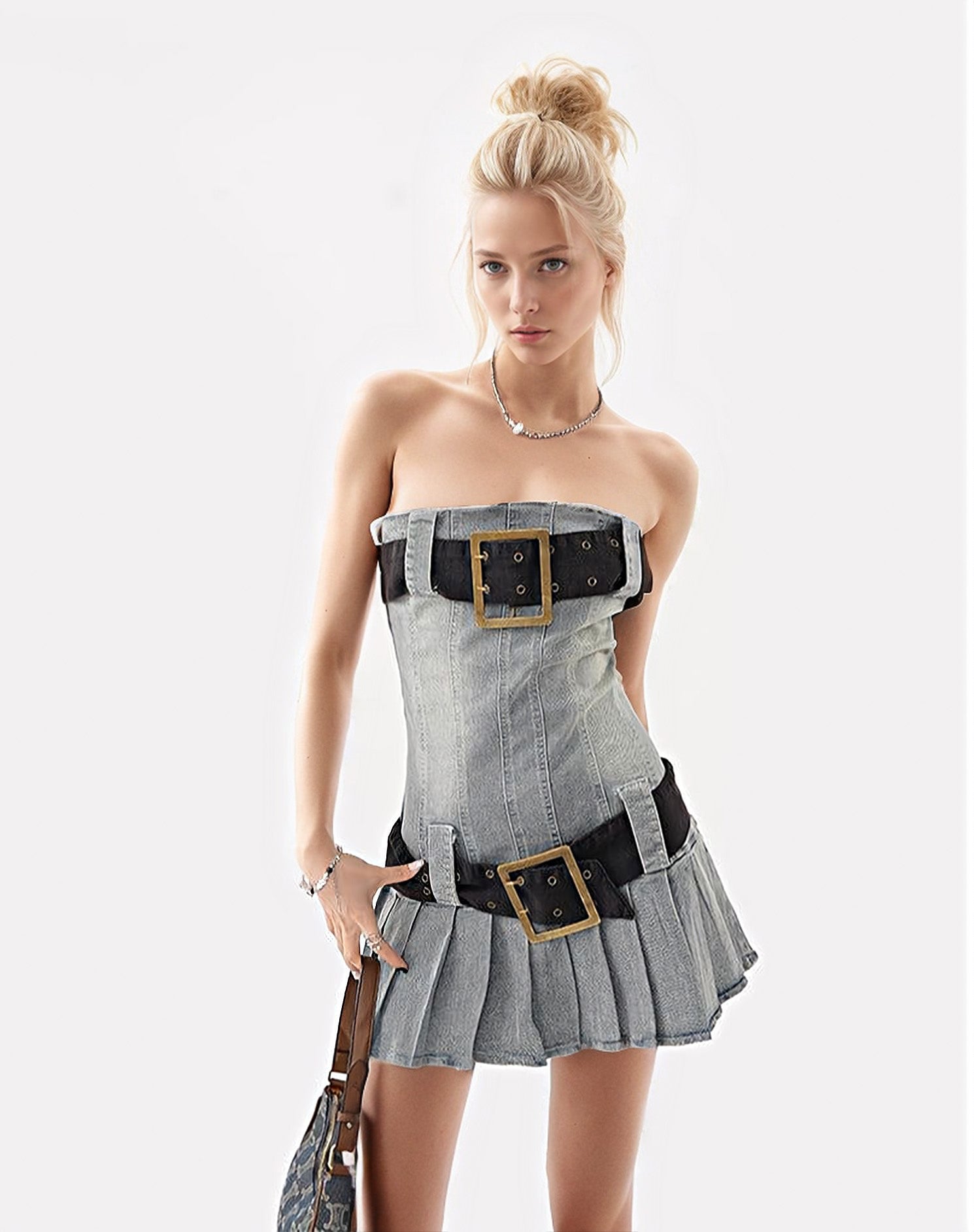 Sandblast Denim Kilt Mini Tube Dress