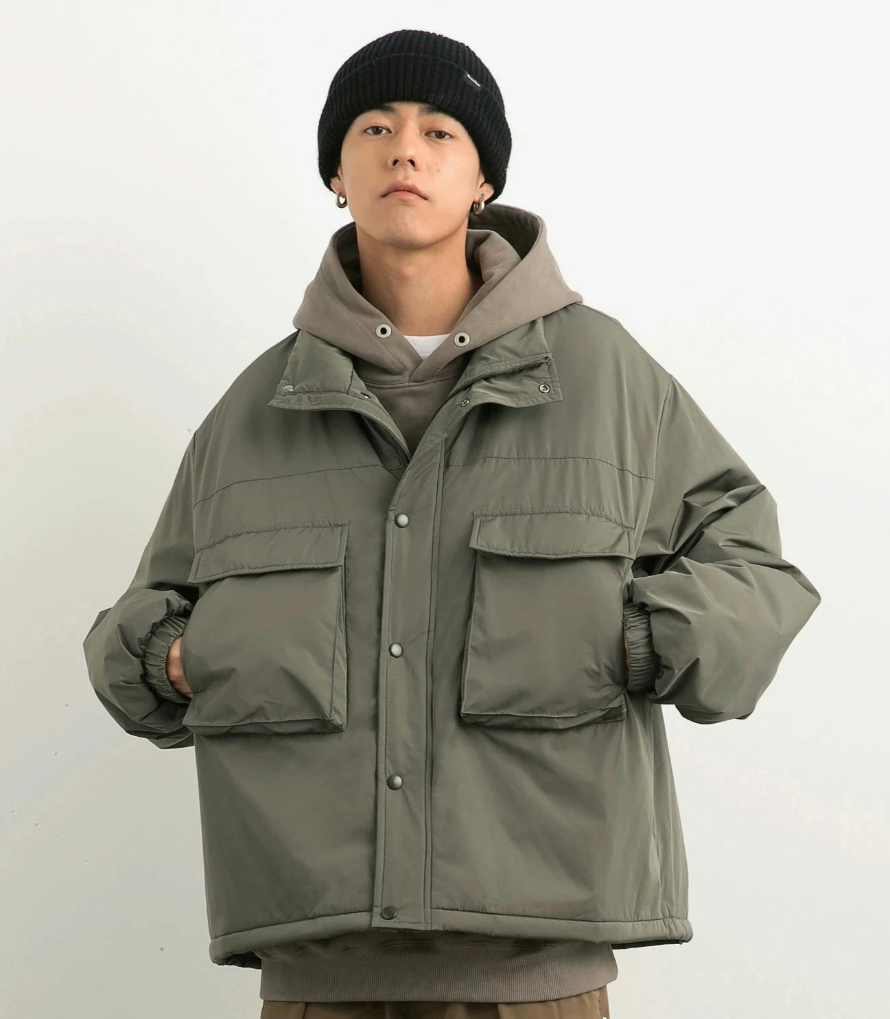 Oversized Snap Button Puffer Jacket with Spacious Pockets