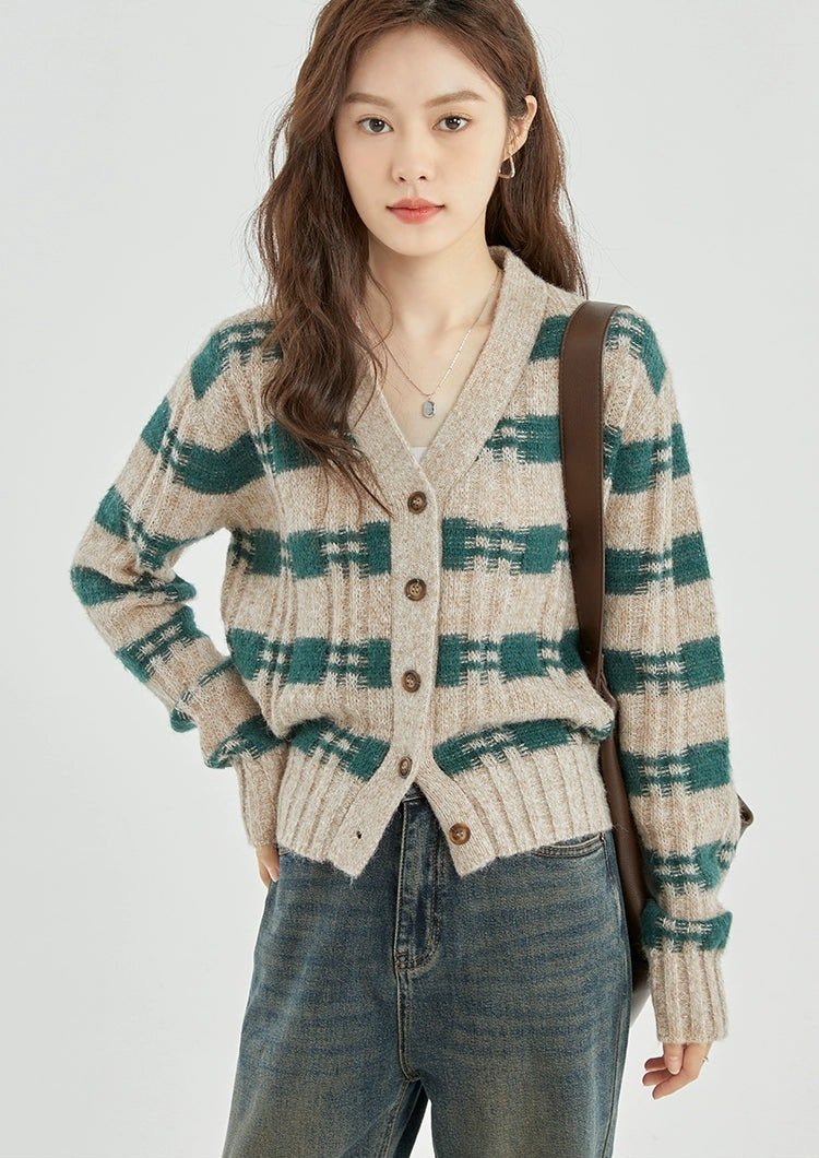 Stripe Crosshatch Ribbed Knit Cardigan