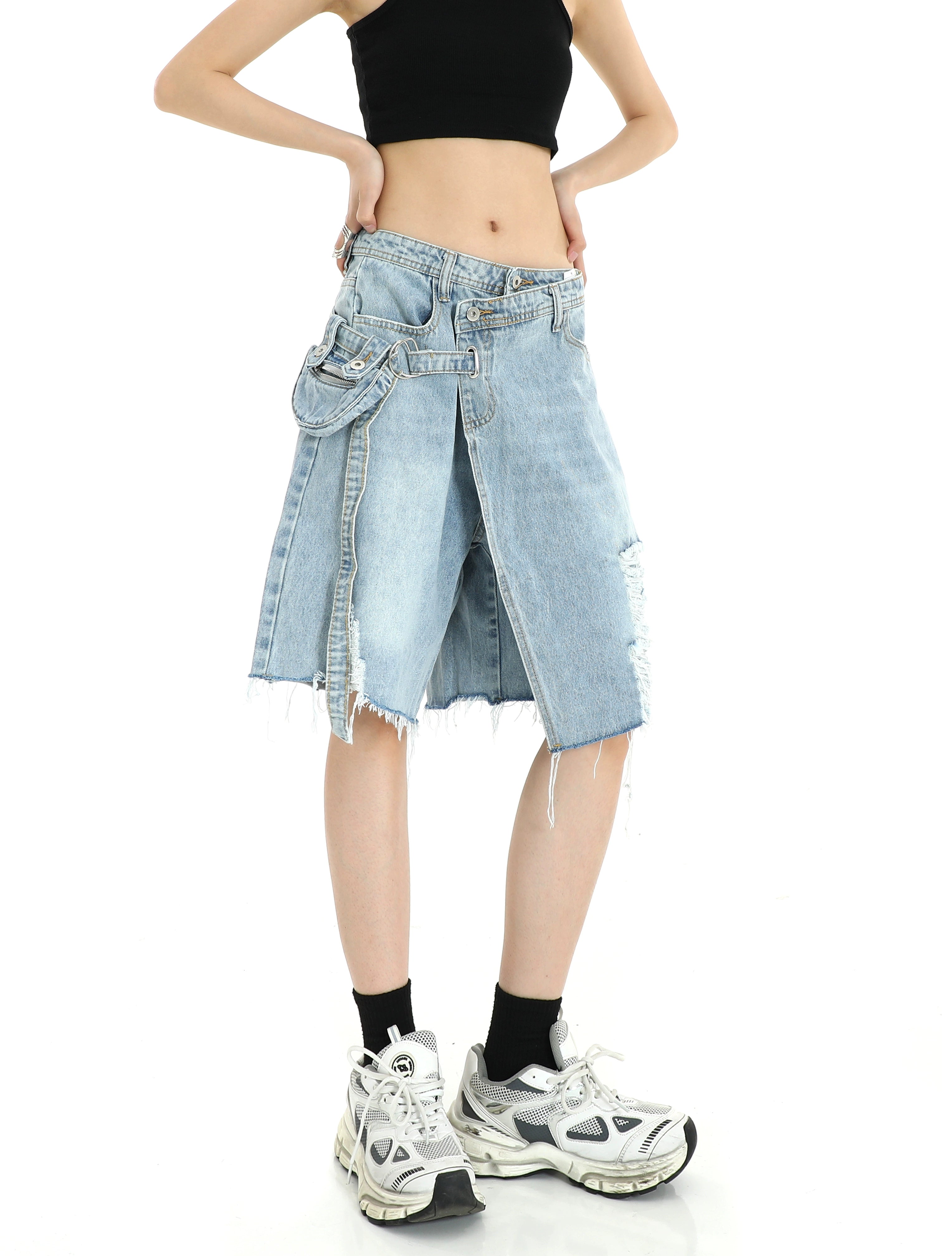 Denim Cargo Pocket Bermuda Shorts with Raw Hem