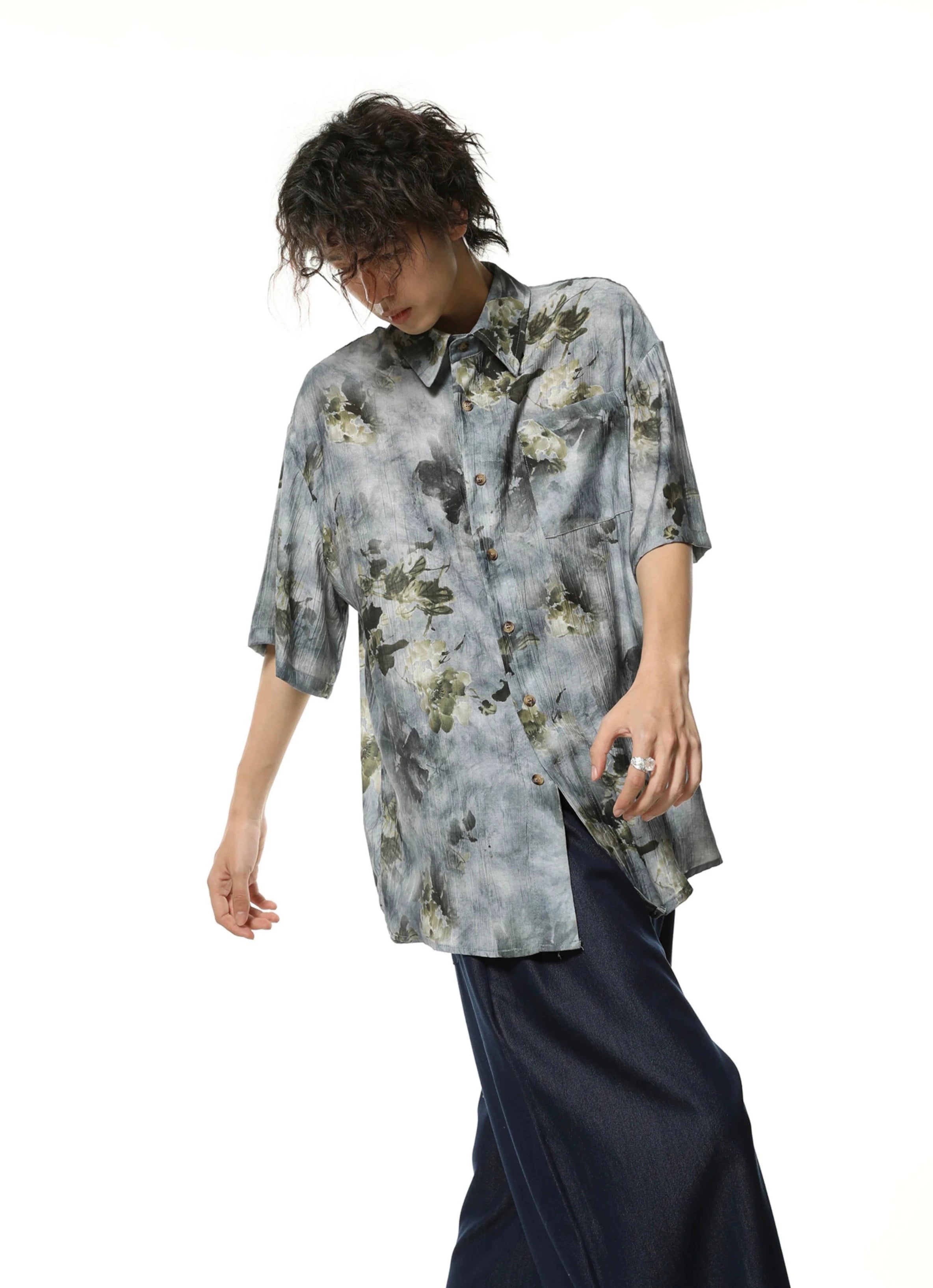 Washout Floral Print Oversized Button-Up Shirt with Pocket