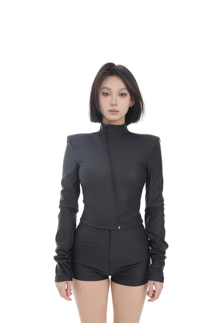 Mock Neck Asymmetric Zip Jacket and Micro Shorts Two-Piece Set