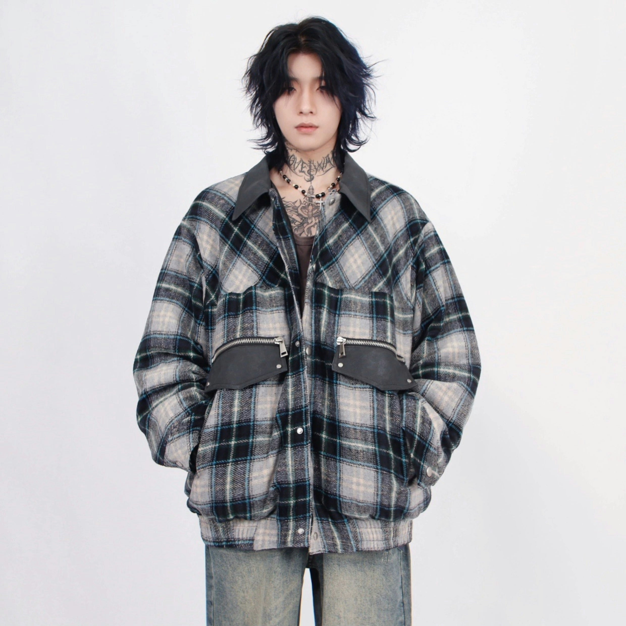 Plaid Button Jacket with Zip Pockets