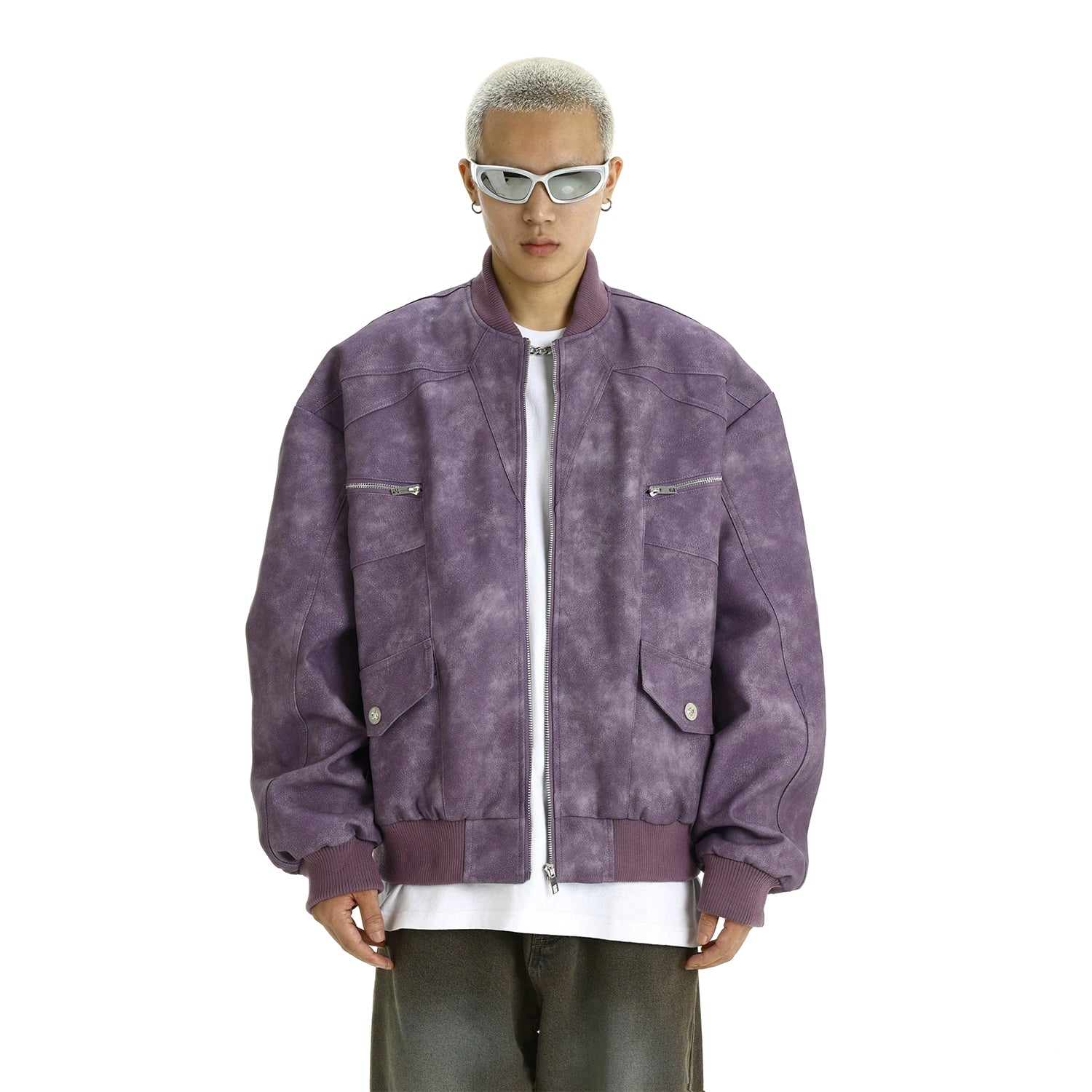 Suede Fade-Effect Zip-Up Bomber Jacket