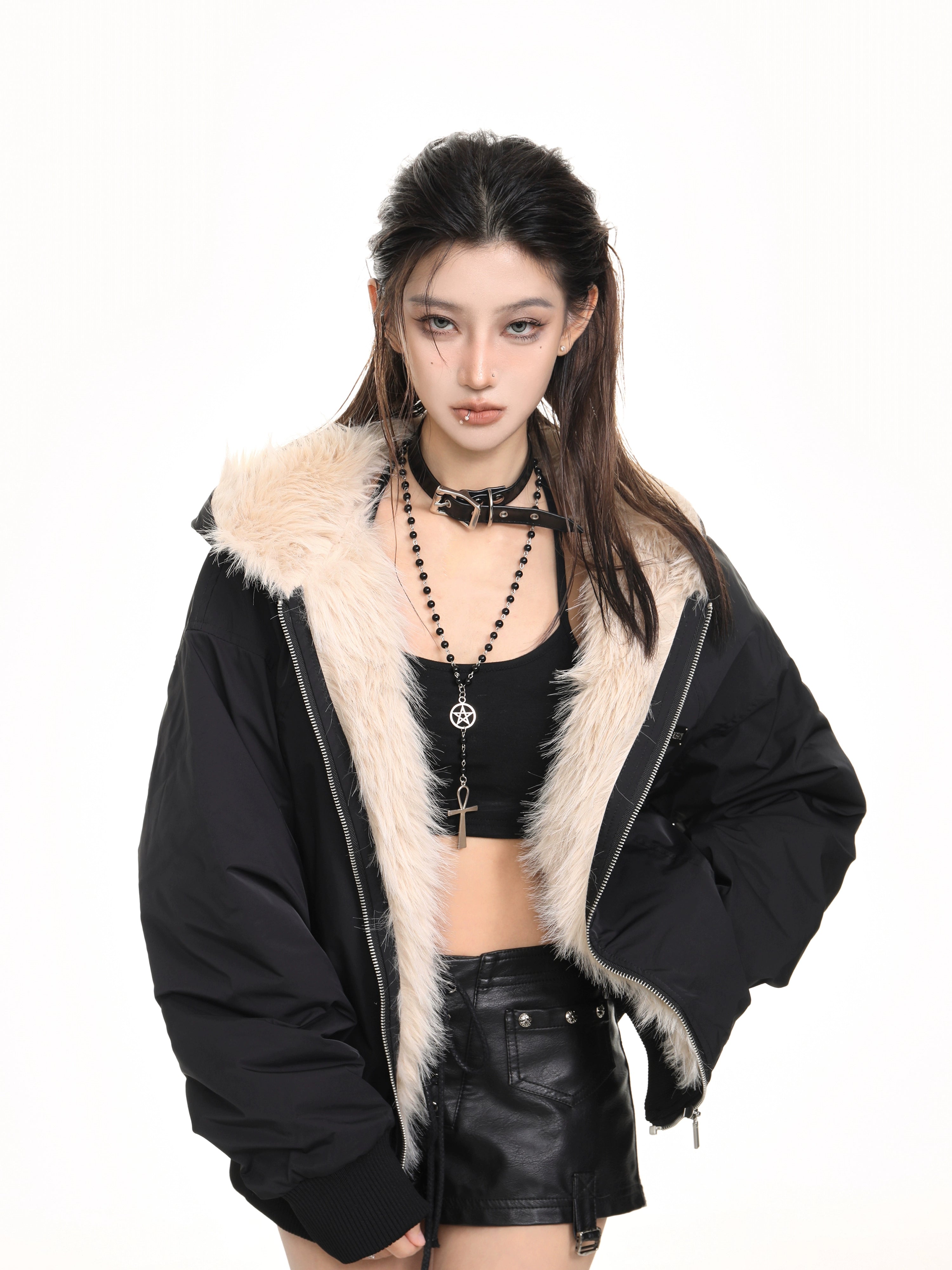 Faux Fur Lined Oversized Hooded Zip Jacket