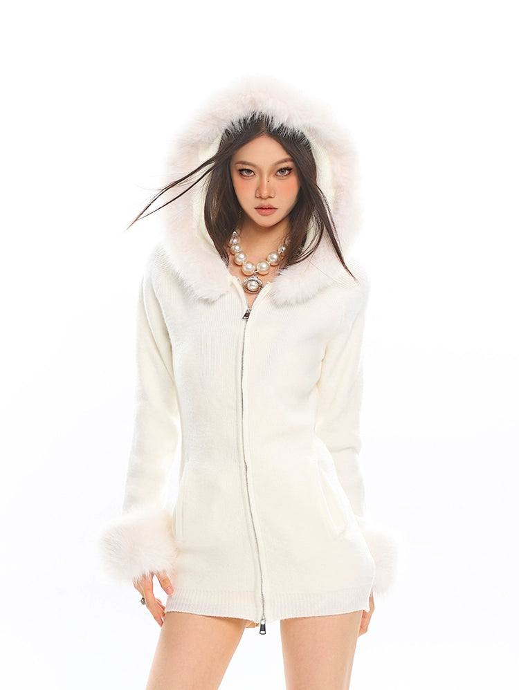 Faux Fur Trim Hooded Zip-Up Knit Jacket