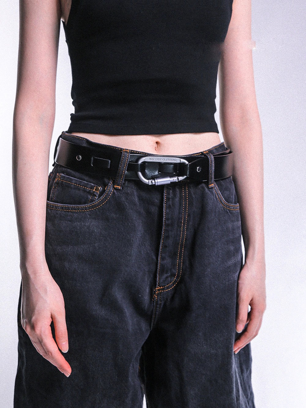 Faux Leather Belt with Metal Buckle and Carabiner Loop