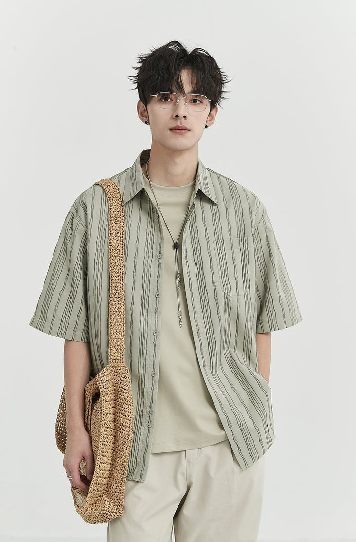 Wave-Stripe Short Sleeve Button Shirt with Pocket