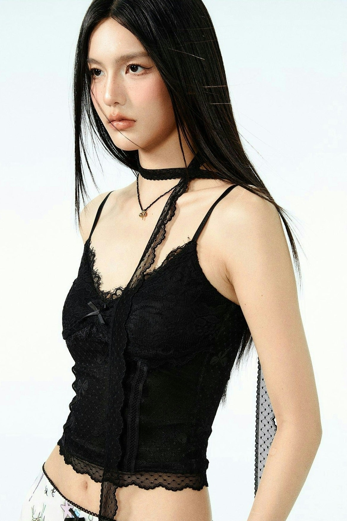 Lace Trimmed Wrap-Scarf Corset-Style Crop Top