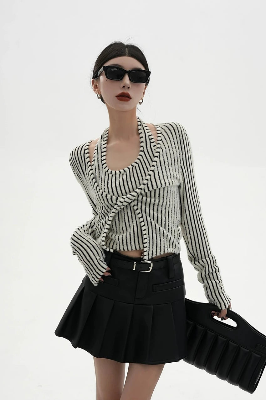 Stripe Halter Neck Knot Long Sleeve Blouse