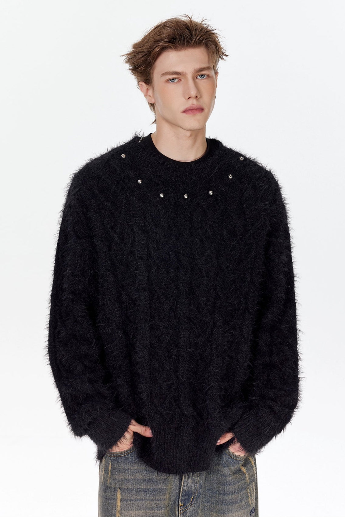 Studded Crew Neck Fuzzy Cable Knit Sweater