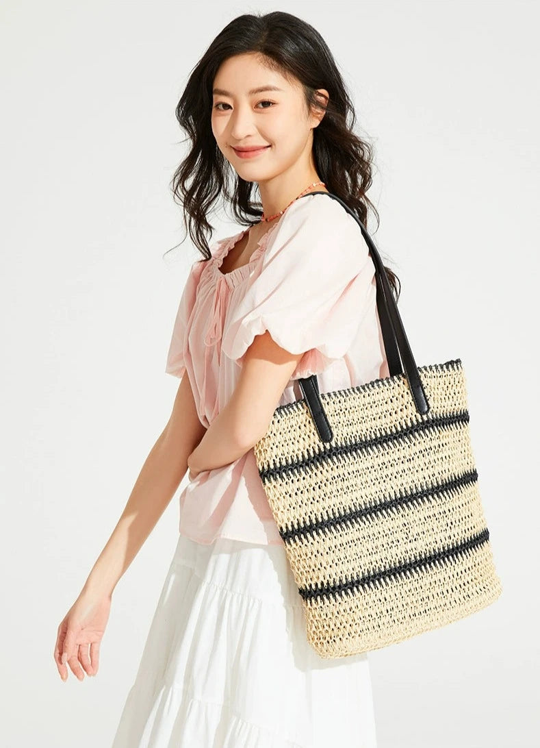 Woven Striped Tote with Leather Handles