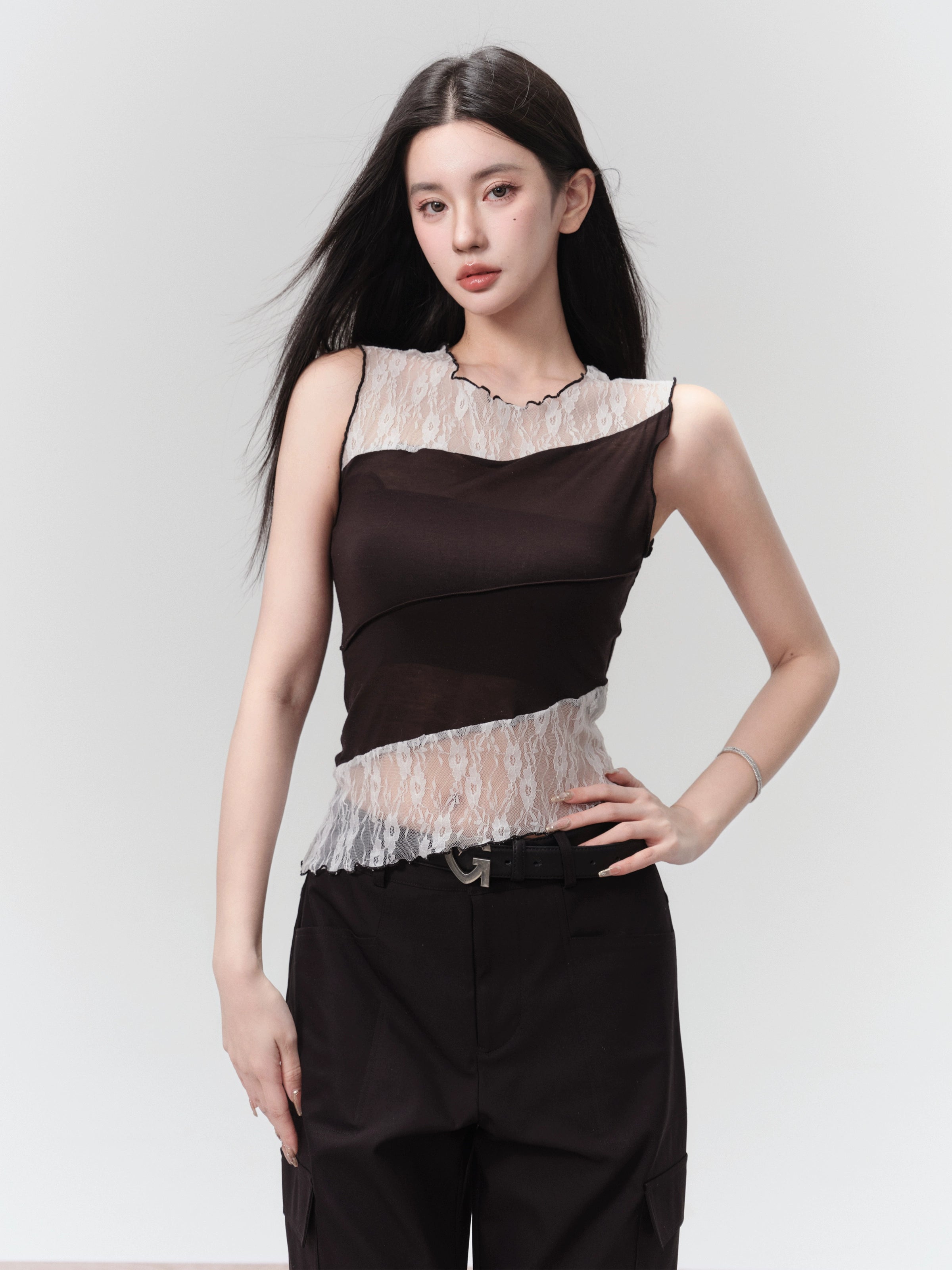 Lace Trim Sleeveless Asymmetrical Crop Top