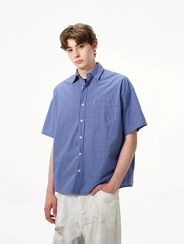 Short Sleeve Gingham Check Button-Up Shirt