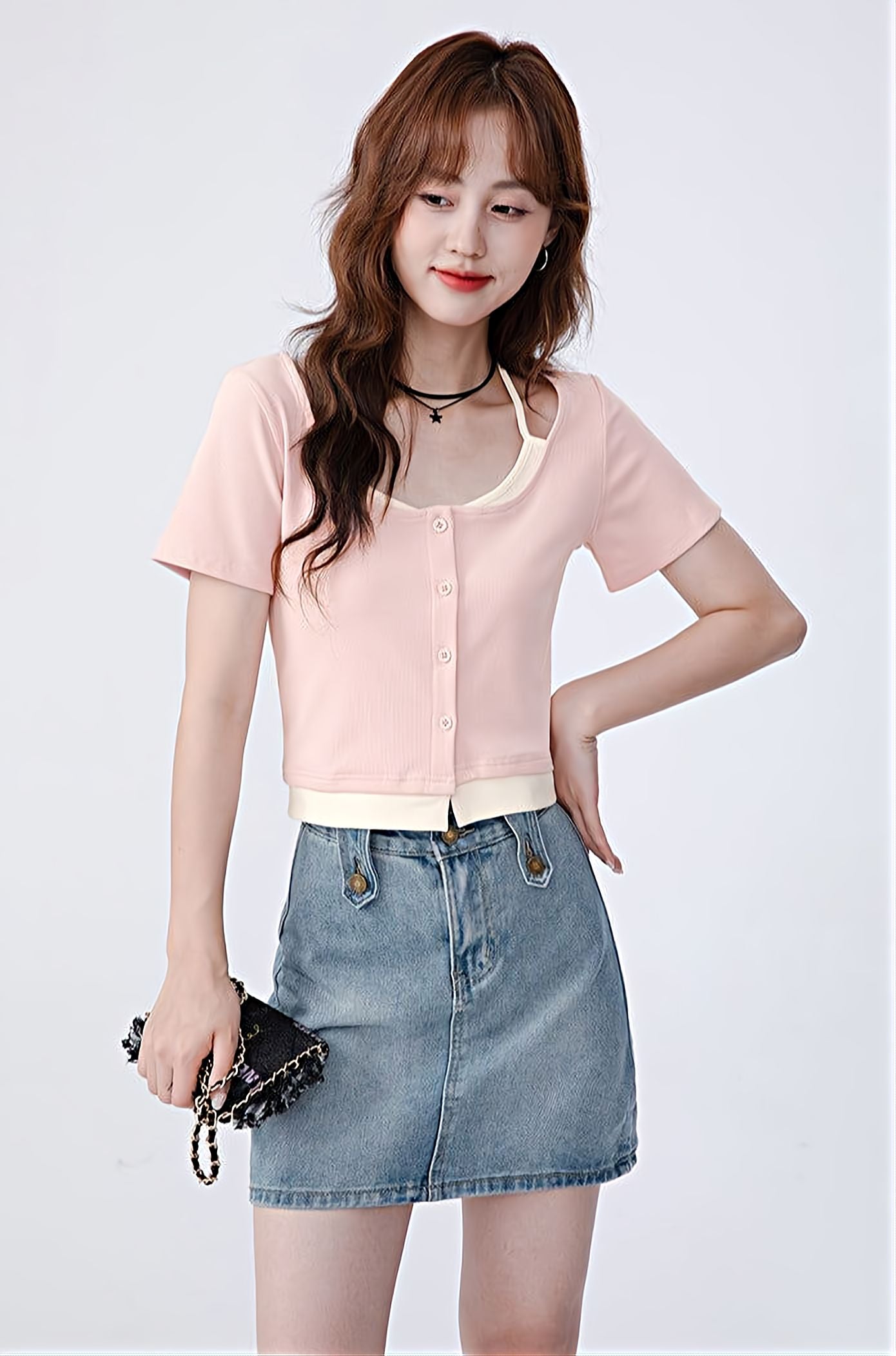 Mock Two-Piece Short Sleeve Top