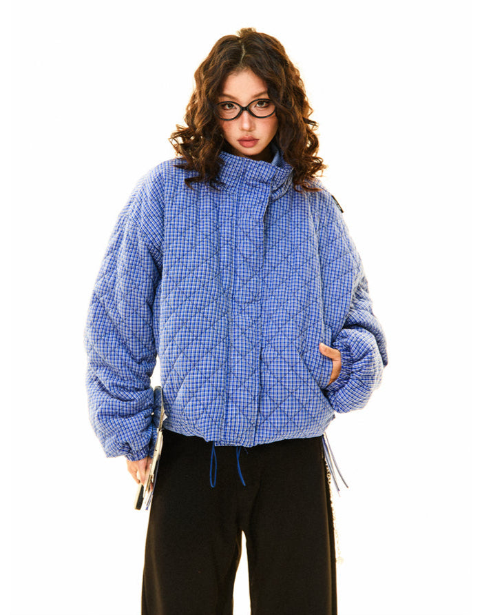 Oversized Quilted Gingham Puffer Jacket with Drawstring Hem