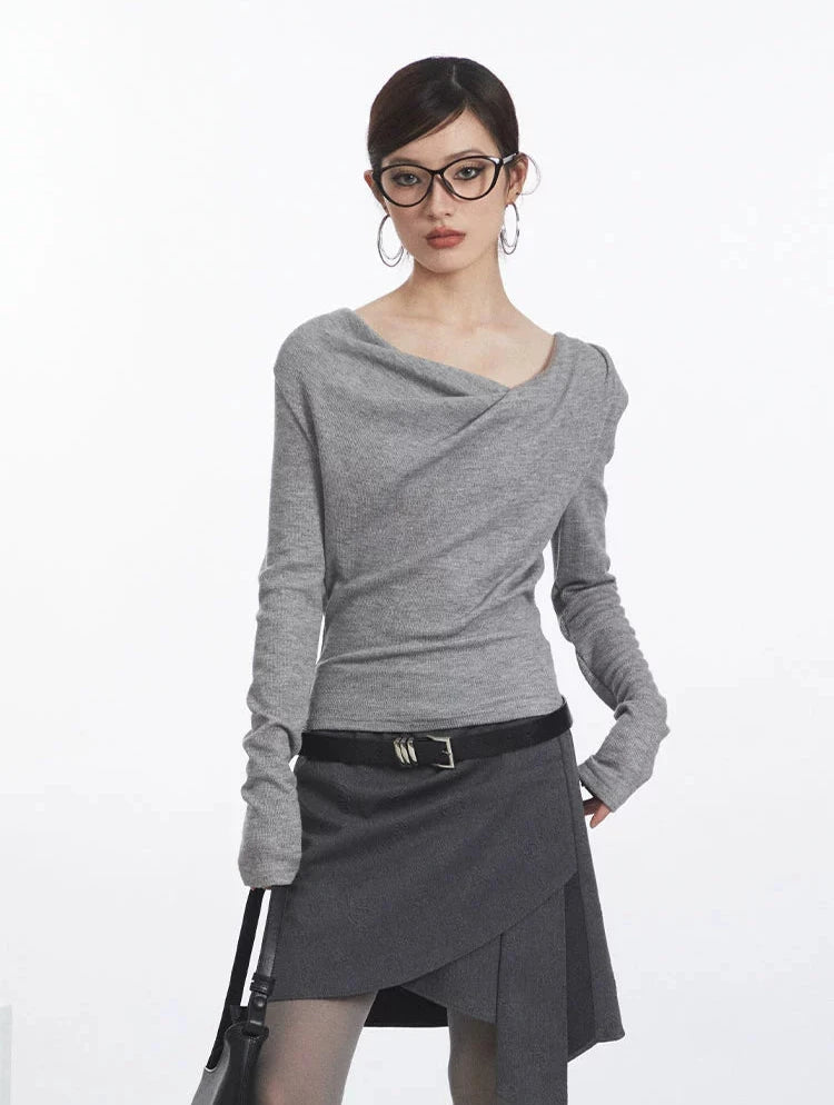 Asymmetric Cowl-Collar Long Sleeve Lightweight Top