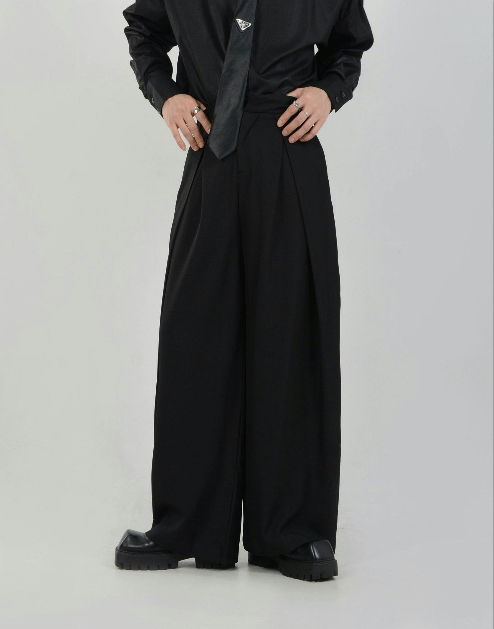 Wide Leg Pleated Palazzo Trousers with Belt Detail