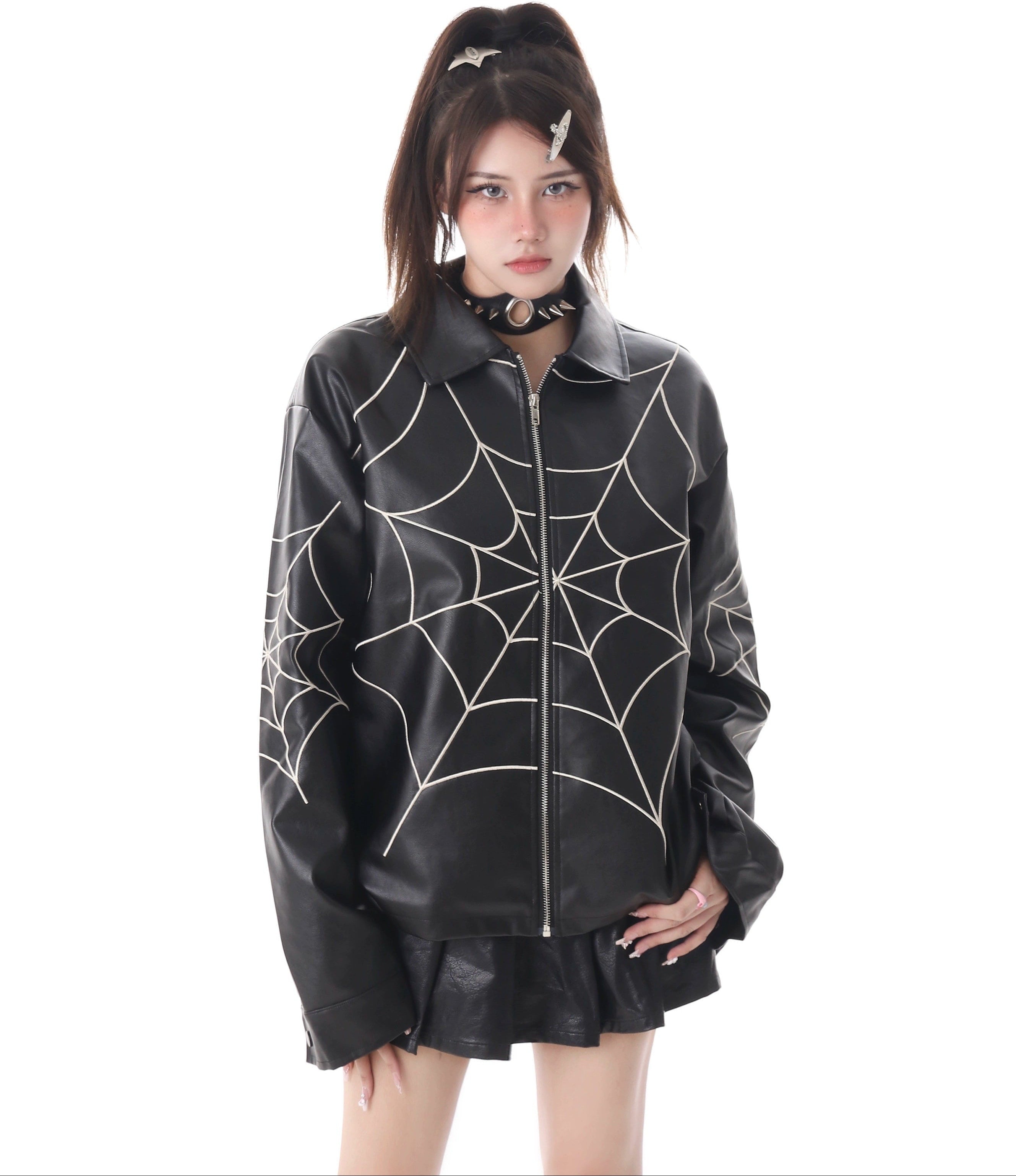 Spiderweb Print Zip-Through Faux Leather Jacket