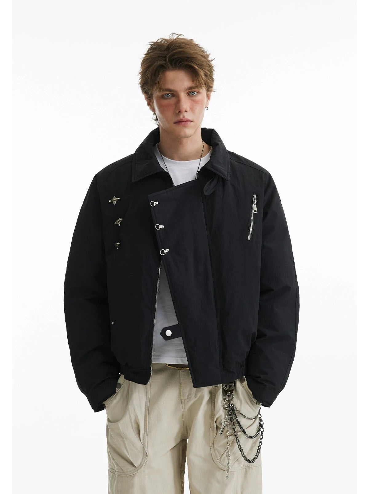 Fireman Buckle Asymmetrical Collared Bomber Jacket