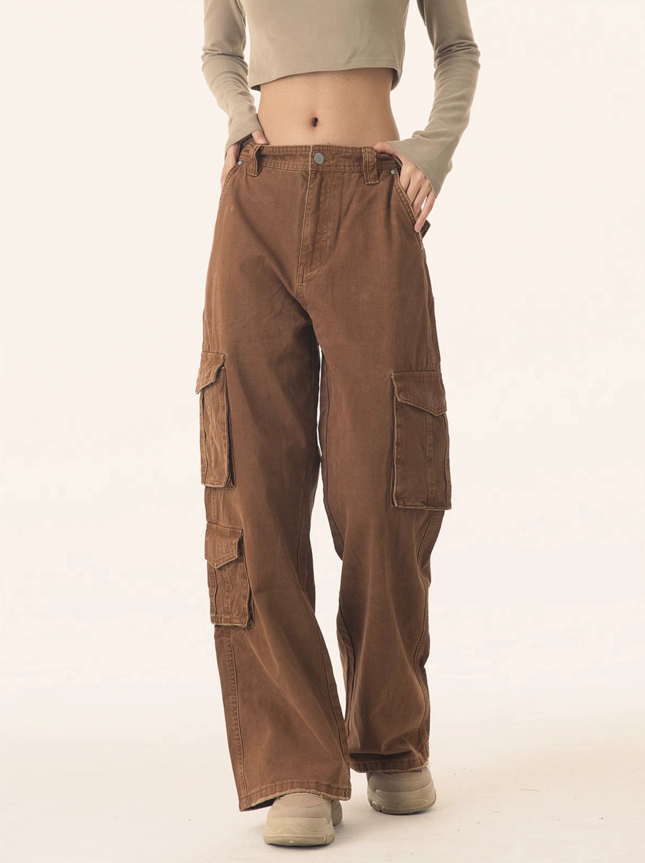 Straight Leg Utility Cargo Pants with Multiple Flap Pockets